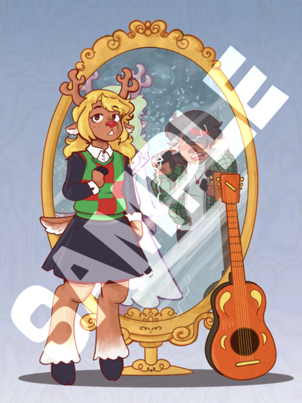 Noelle Holiday from Deltarune in front of a mirror. In the mirror's reflection, she is wearing her Snowgrave outfit, and Dess Holiday is banging on the glass trying to get out.
