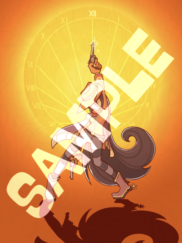 Zora Salazar from Epithet: Erased. The sun behind her has a sundial pattern, and she is pointing a gun upwards towards "High Noon."