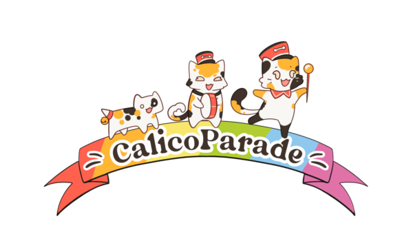Three cats on a banner saying "CalicoParade."