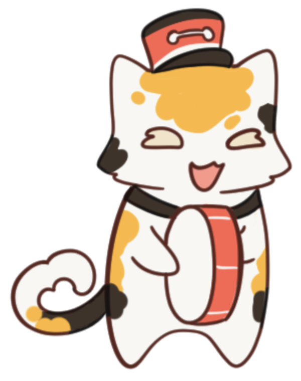 A calico cat banging a drum. Their tail is curled like a heart.