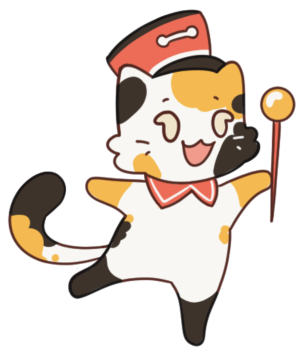 A calico cat with a conductor's baton and hat.