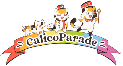 Three cats on a banner saying "CalicoParade."