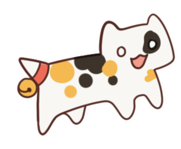 A tiny calico cat with a bell tied to his tail.