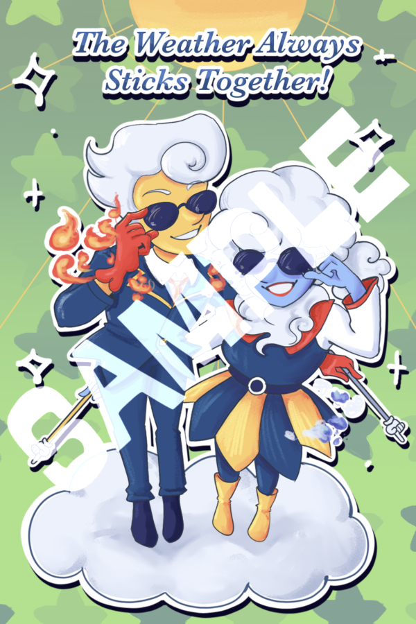 Elnina and Lanino from Deltarune on a cloud. The text reads, "The weather always sticks together!"
